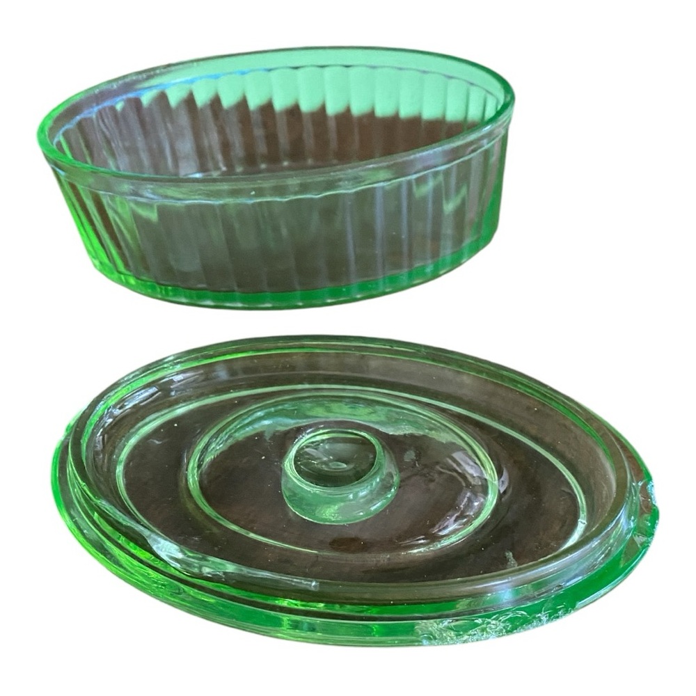 Vintage 1930s Anchor Hocking Oval Uranium Green Ribbed Depression Glass - Picture 10 of 10